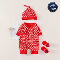 Baby Spring and Autumn long sleeve thin red festive clothes single layer hooded newborn male and female baby jumpsuit summer