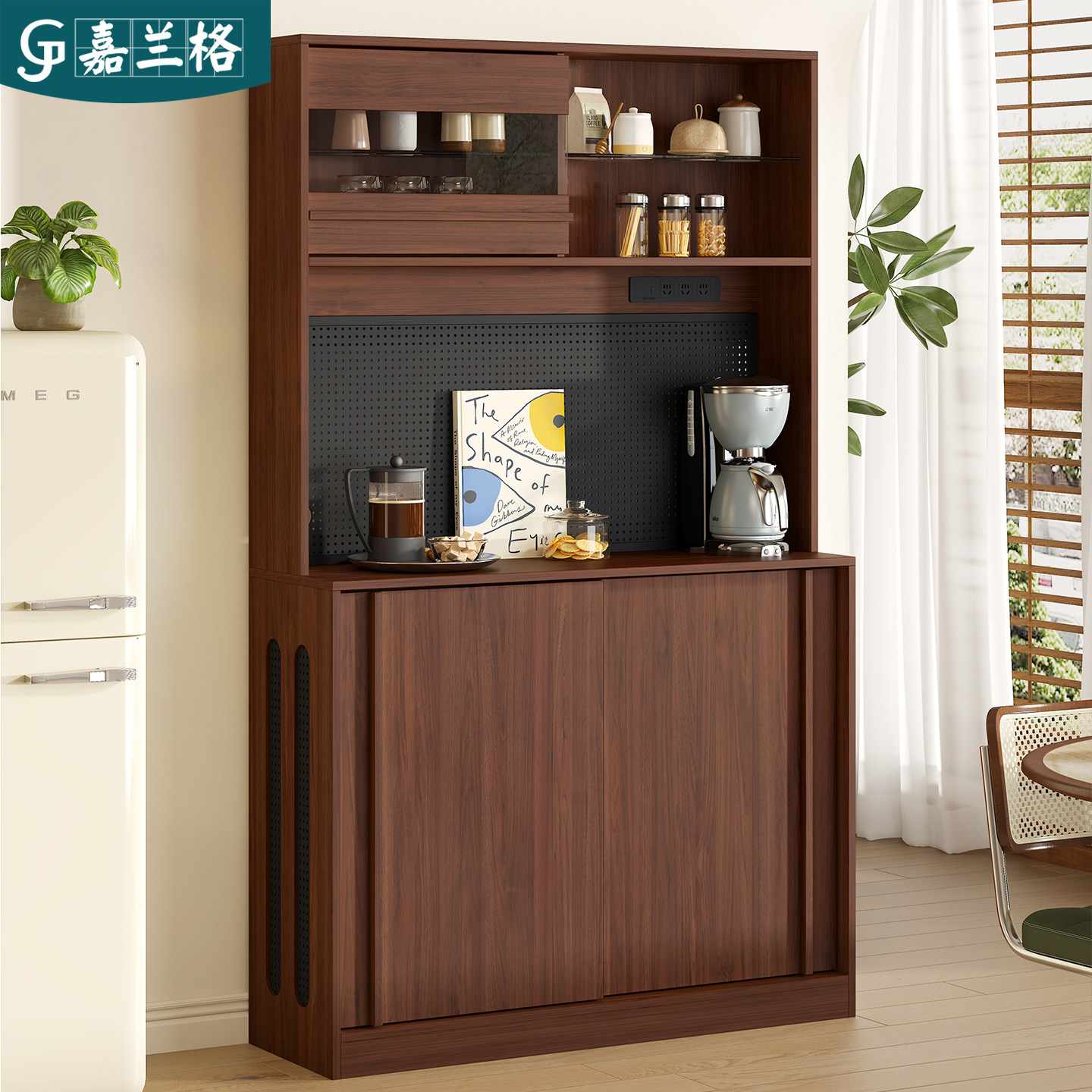 Solid wood sideboard with integrated storage cabinet against the wall