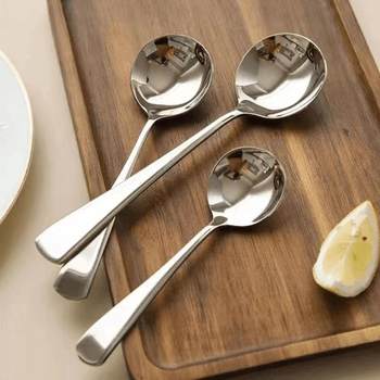 Food grade stainless steel korean dessert spoon internet celebrity thickened short handle round spoon household rice spoon drinking soup