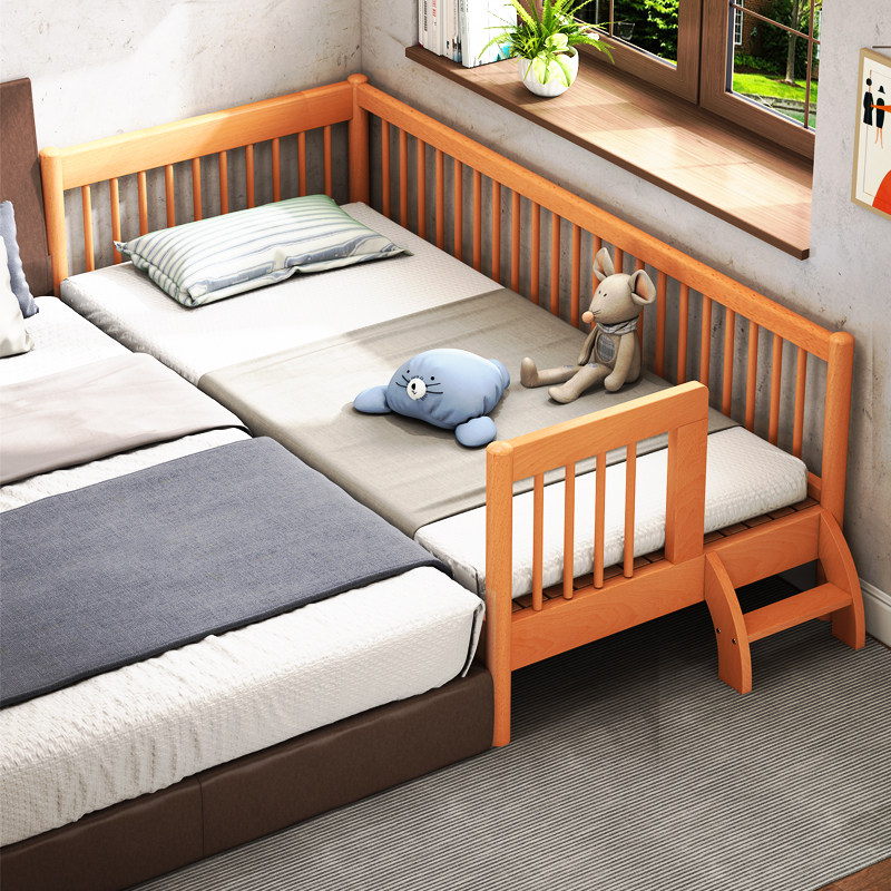 Solid wood children's bed stitching big bed side widening small bed boy girl single bed with guardrail beech wood crib