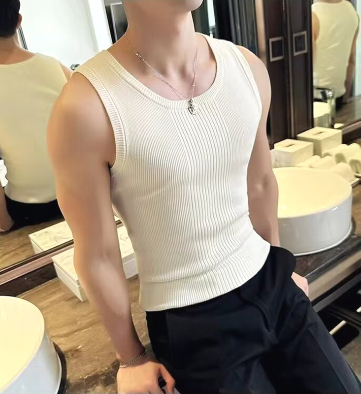 American-Style Mercerized Cotton Ice Silk Vest for Men, Tight-Fitting Elastic Ribbed Sleeveless T-Shirt, High-End Base Knit Small Vest