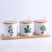 Green plant seasoning can ceramic seasoning bottle set Nordic seasoning can household seasoning Box Kitchen three-piece set