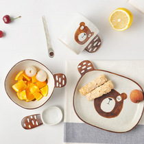 Japanese hand-painted cartoon ceramic dinner plate high temperature dessert plate Salad Bowl Spoon ins cutlery dish set