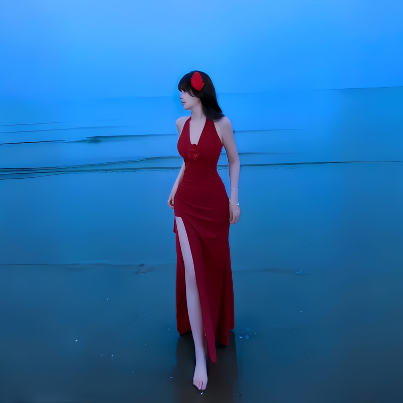 Girlsat18 Red Halter Neck Dress, Feminine and Beautiful, Seaside Vacation Beach Dress, Slit Dress, Long Dress