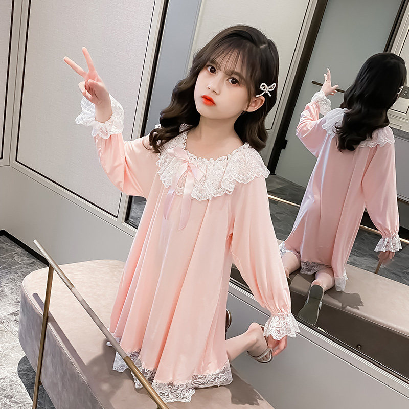 Girls' spring and autumn nightdresses long-sleeved princess style modal children's pajamas girls spring skirts big children 10 years old 11