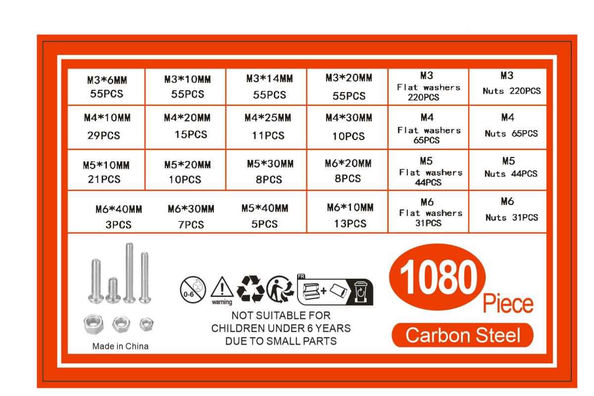 Винт 1080pcs 螺丝垫片螺母组合套件公制机用螺钉螺母和平垫圈m3/m4/m5