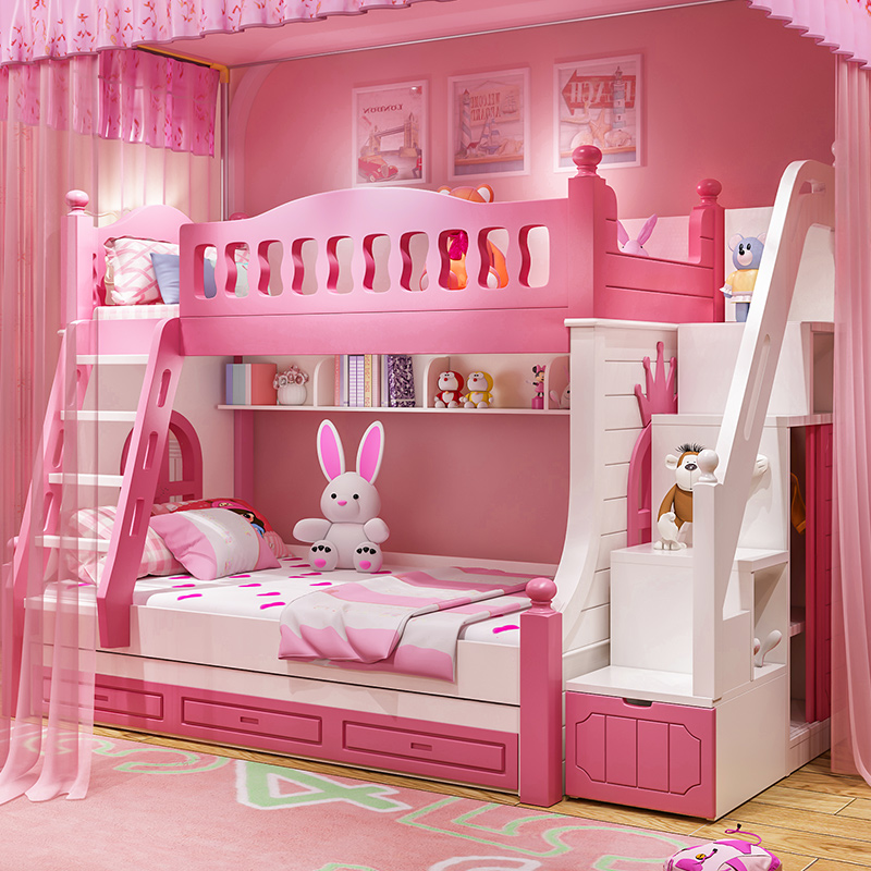 Children's bed bunk bed girl princess bed pink high and low bunk bed mother bed with slide bed multi-function
