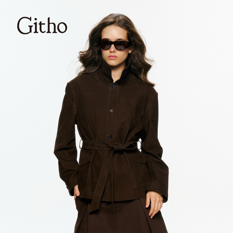 Githo26 New Autumn Style Dark Coffee Simple and Neat Lapel Calfskin Leather Trench Coat