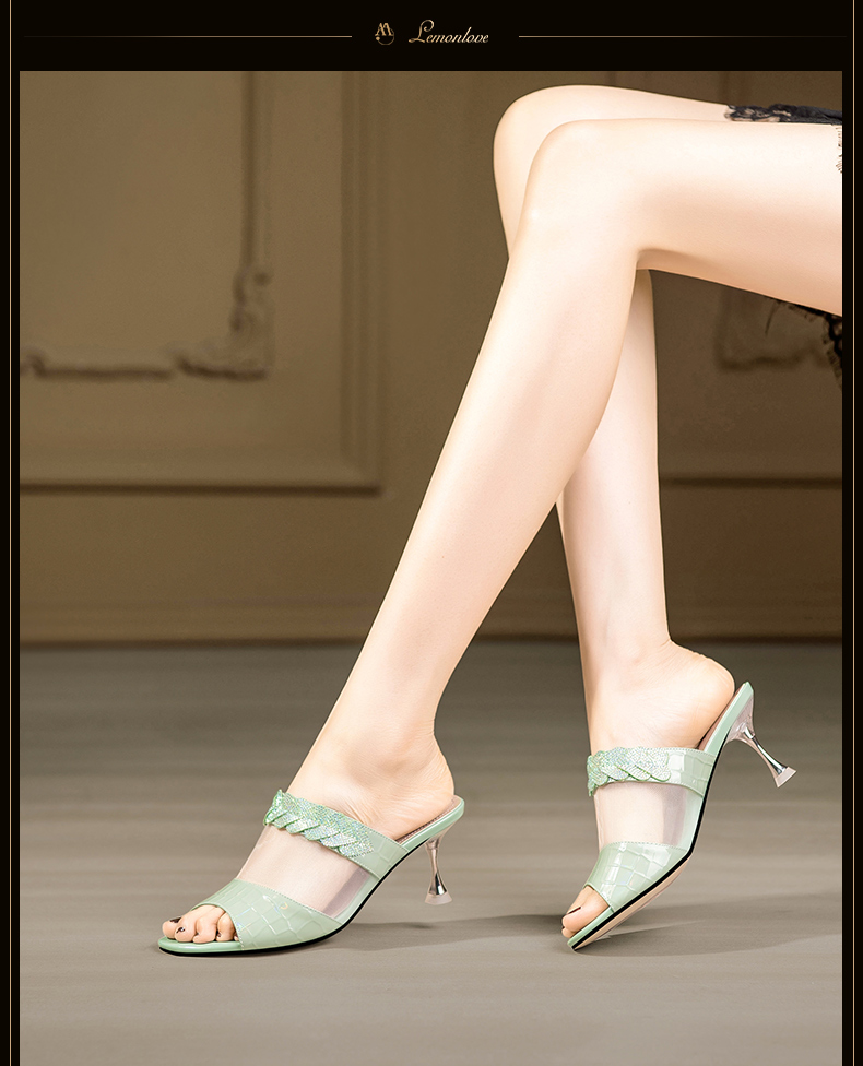 C9142 2850K GIÀY CAO GÓT NỮ LEMREFL GẮN ĐÁ LƯỚI MỎNG GÓT NHỌN MÙA HÈ MIỆNG CÁ GIÀY DÉP NỮ DA BÒ G06 SẢN PHẨM MỚI