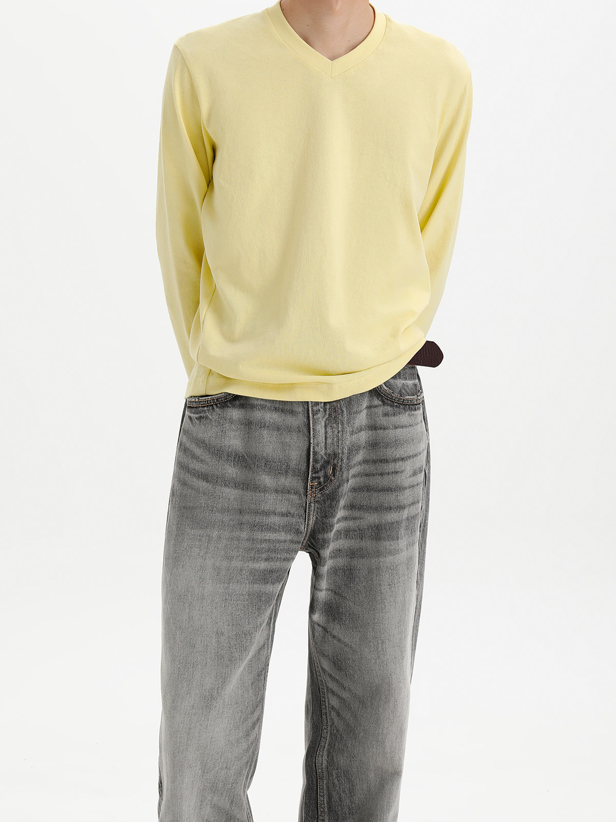 PLUS NO LOGO Linen-Feel V-Neck Slim-Fit Long Sleeve Tee