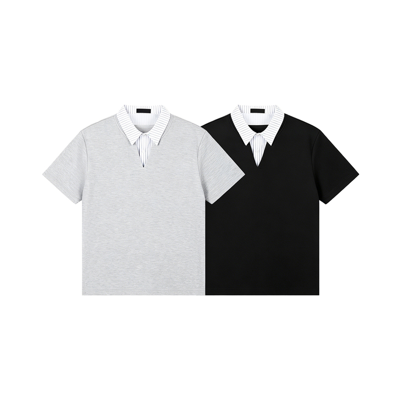 〔 Plus No Logo 〕 Solona's Delicate Pique Fabric'Fake Two-Piece Striped V-Neck Short Sleeves' with a High Sense of Sophistication