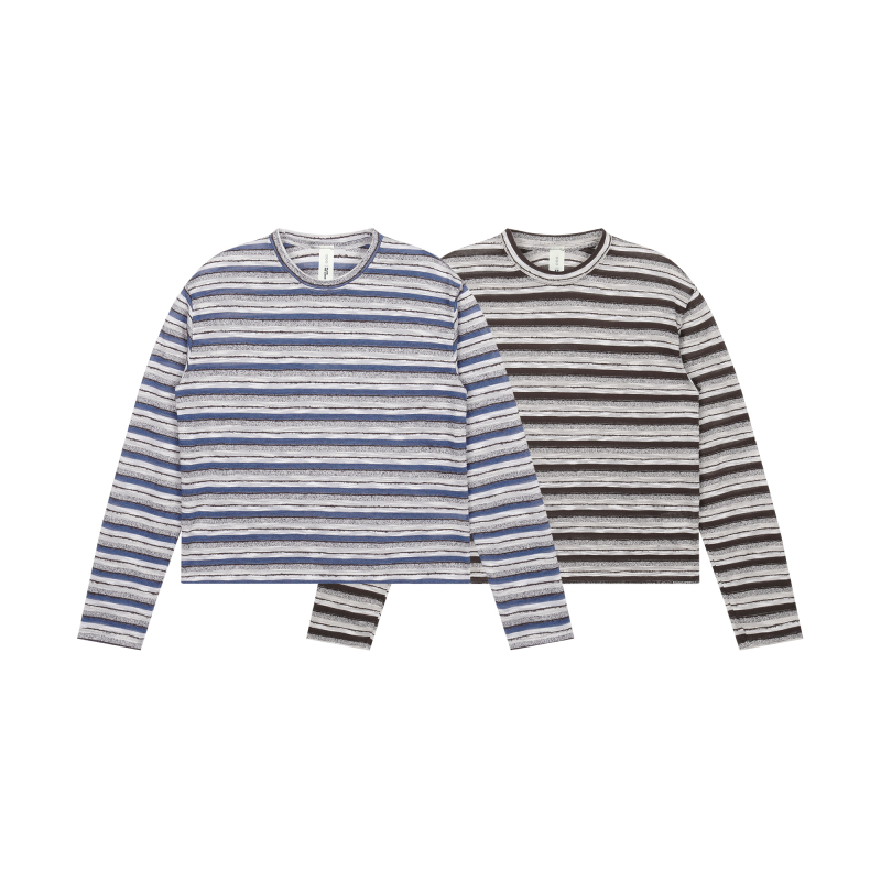 Plus No Logo 26Aw'Raw Edge Mixed Yarn Striped Long Sleeve' Color-Block Velvet Feel Drop Shoulder Lazy Long T-Shirt Ooo Plus No Logo 26Aw'Raw Edge Mixed Yarn Striped Long Sleeve' Color-Block Velvet Feel Drop Shoulder Lazy Long T-Shirt Ooo