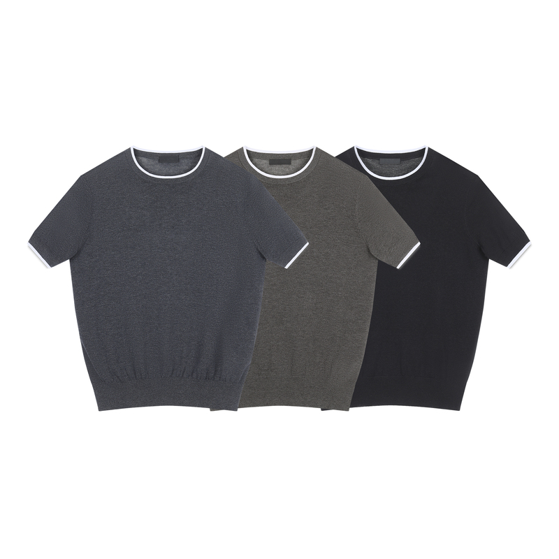 〔 Plus No Logo 〕 "Linen Lyocell" Round Neck Fake Two-Piece Color-Blocked White Embroidered Knit Short-Sleeve Top