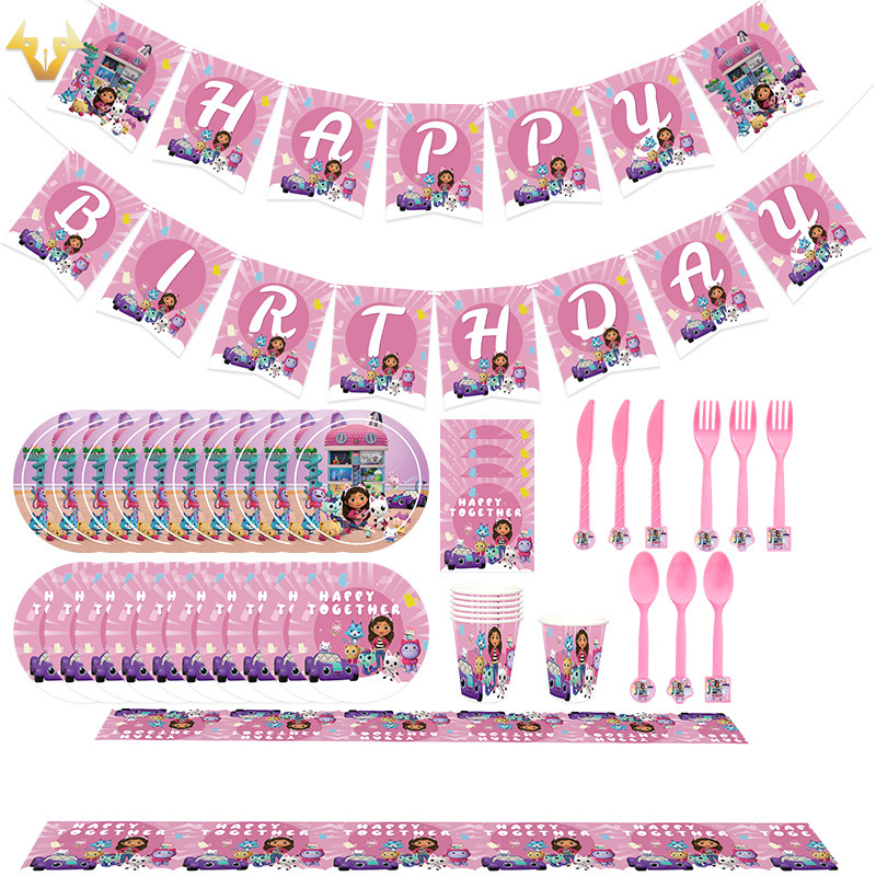 New Pink Gabby Dollhouse Party Set with Paper Cups, Paper Plates, Napkins, Banner, Tablecloth, Balloon Decoration Set New Pink Gabby Dollhouse Party Set with Paper Cups, Paper Plates, Napkins, Banner, Tablecloth, Balloon Decoration Set
