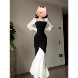 Осенний приталенный лонгслив, приталенная длинная юбка, изысканный стиль, французский стиль, квадратный вырез, яркий броский стиль, крой «рыбий хвост»