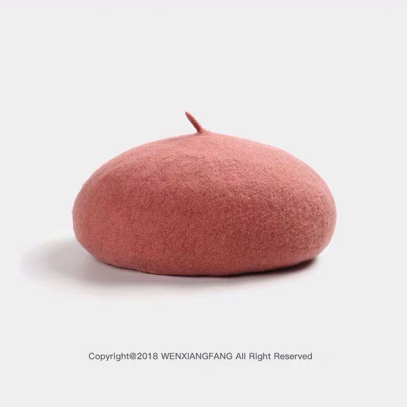 Beret female Japanese round face knitted blue girl beret British red winter winter cute fashion pink trumpet