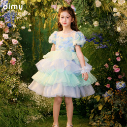 Dimu Girls' Dress 2024 Summer New Fashionable Three-dimensional Flower Super Fairy Dress Skirt Children's Puffy Princess Dress