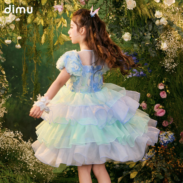 Di Mu Girls' Dress 2024 Summer ໃຫມ່ຄົນອັບເດດ: ສາມມິຕິລະດັບດອກ Super Fairy Dress Skirt ເດັກນ້ອຍ Puffy Princess Dress