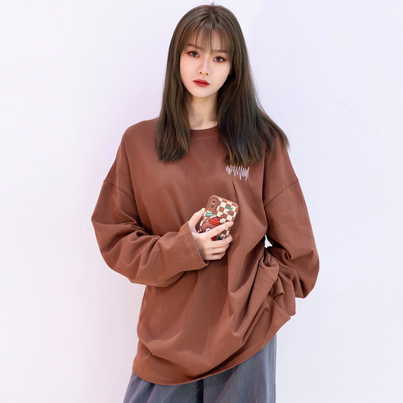 TOXIC all-match new round neck commuter embroidery solid color long-sleeved t-shirt for men and women of the same style loose one-piece inner top