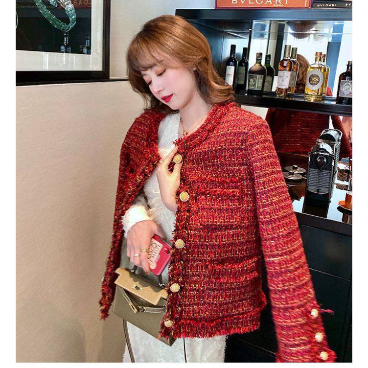 New Year red socialite small fragrant wind tweed short coat Korean version of loose Joker 2021 spring and autumn new women's clothing
