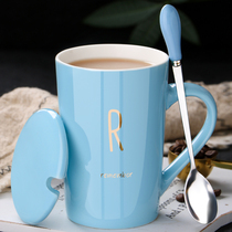 Creative personality ceramic mug with lid spoon drinking cup Trend couple men and women household milk coffee tea cup