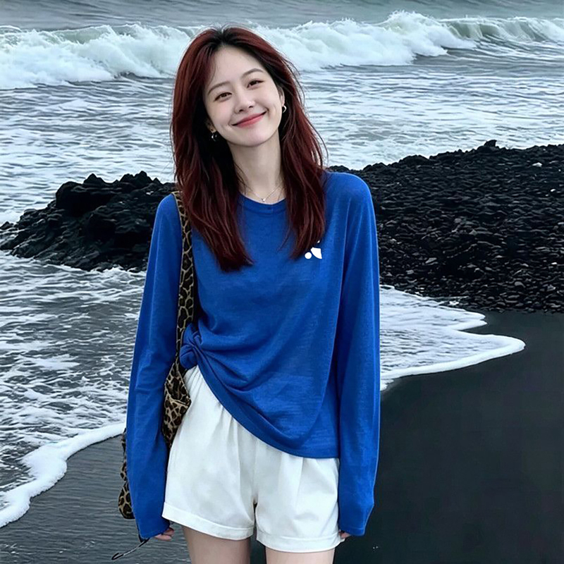 Official Genuine Rr Vephf Thin Outerwear Loose Fit Slimming Sun Protection Blouse for Women Autumn Klein Blue Long-Sleeve T-Shirt Official Genuine Rr Vephf Thin Outerwear Loose Fit Slimming Sun Protection Blouse for Women Autumn Klein Blue Long-Sleeve T-Shirt