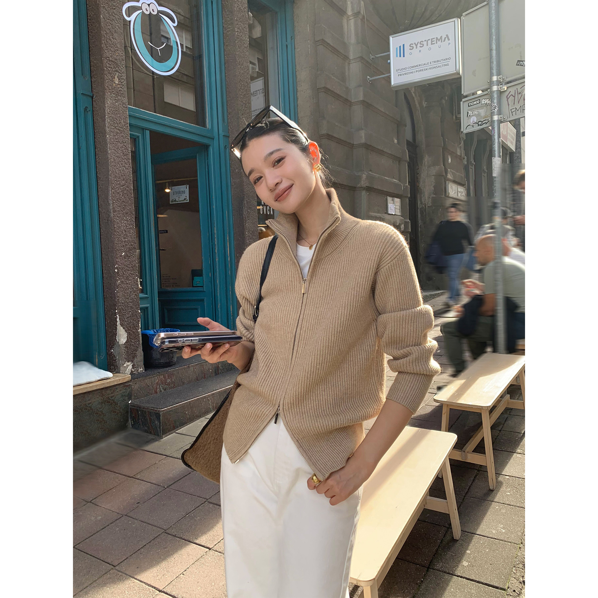 プスメデ ブラック ダブルジッパー ラペル セーター カーディガン レディース 秋冬 ゆったり ハイカラー セーター コート トップス