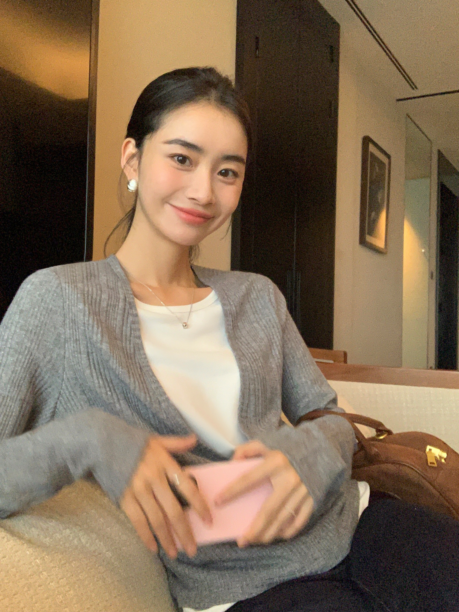 pusumede夹心tee撞色假两件长袖针织衫女秋冬宽松慵懒上衣