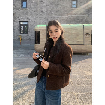 pusumede 南韩女主 黑色羊毛小香风粗花呢外套女气质毛呢短款上衣