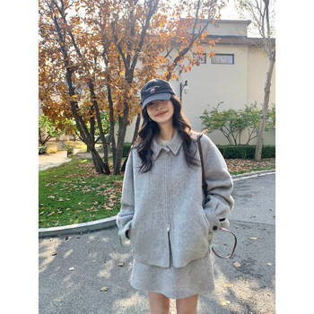 pusumede奢宠冬日 翻领羊毛双面呢夹克外套女高腰A字半身短裙套装