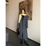 pusumede Черное демисезонное шерстяное пальто, шерстяная куртка, длина миди, изысканный стиль, яркий броский стиль, свободный крой