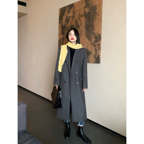 pusumede Черное демисезонное шерстяное пальто, шерстяная куртка, длина миди, изысканный стиль, яркий броский стиль, свободный крой