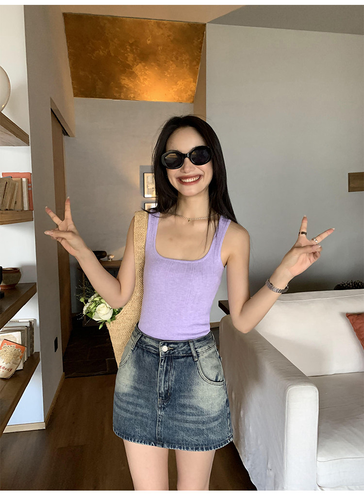 Топы/майки pusumede法式气质方领吊带背心女夏季遮副乳修身显瘦坎肩无袖上衣