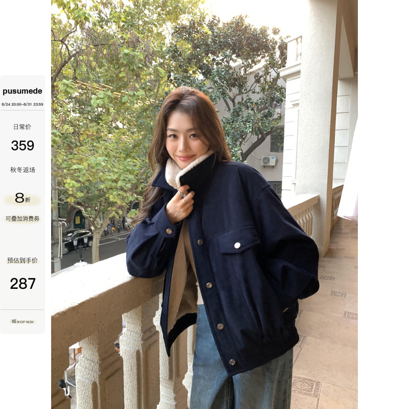Pusumede American Retro Corduroy Jacket for Women in Autumn and Winter, Imitation Lamb Wool Lapel Cotton Outwear, Work Jacket Top