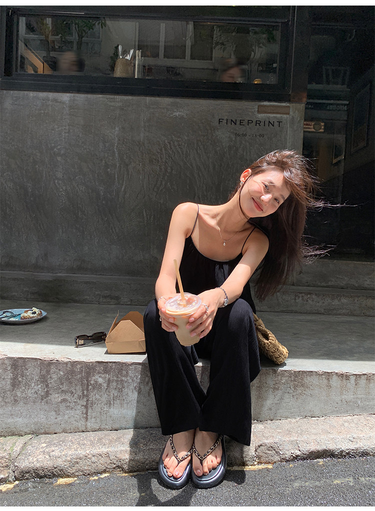 Топы/майки pusumede 黑色吊带背心女夏外穿宽松露背小衫设计感小众无袖上衣