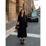 pusumede Черное демисезонное шерстяное пальто, шерстяная куртка, длина миди, изысканный стиль, яркий броский стиль, свободный крой