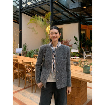 pusumede圆领小香风毛呢外套女秋冬新款夹棉气质肌理感呢子上衣