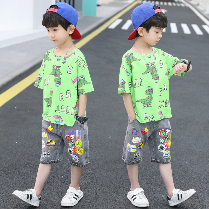 Boys summer suits 2021 new middle and big children's fashion cartoon short-sleeved two-piece trend Korean version boys