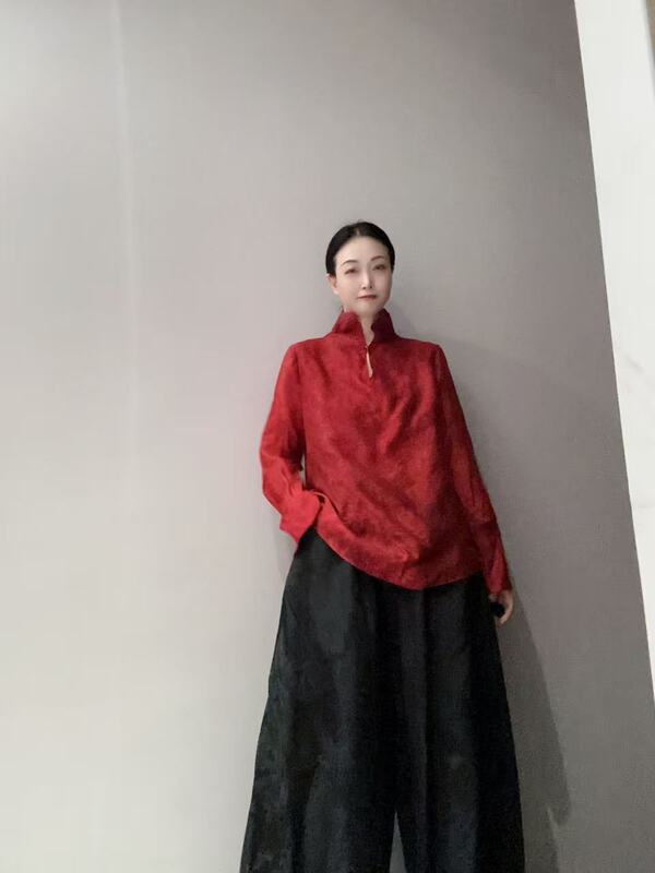 New Chinese Style Red Dark Pattern Rayon High-Neck Long-Sleeved Top Mt12025