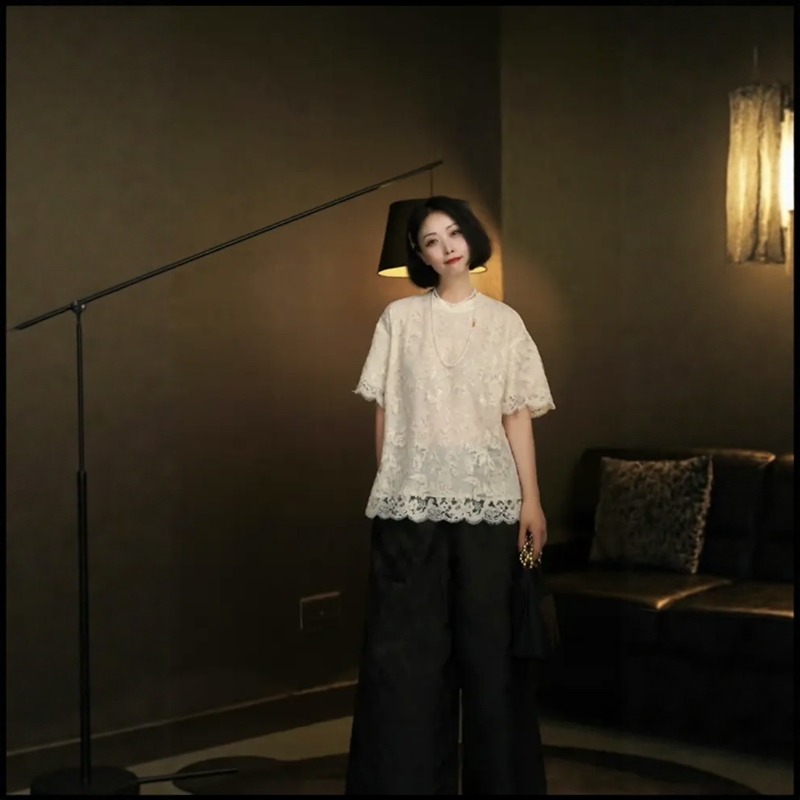 Niche Design High-Definition Accessible Luxury Lace Round Neck Short-Sleeved Shirt Top Mt10413