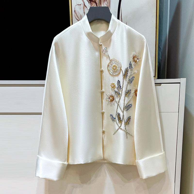 High-End Silk Short Jacket for Women 2026 Spring New Style Beaded Loose Shirt Wool New Chinese Style Top