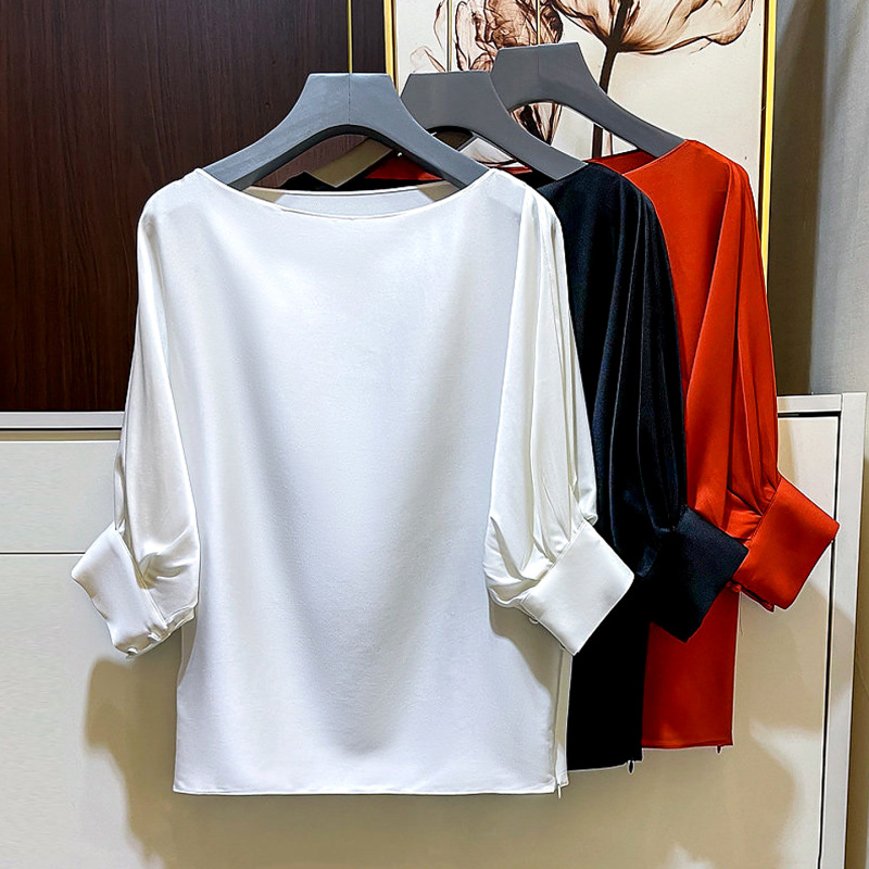 Off-The-Shoulder Silk Shirt for Women, Summer Satin Versatile White Blouse, High-End Mulberry Silk Top, Three-Quarter Sleeve T-Shirt