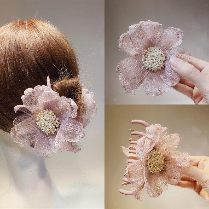 South Korea's new flower large grab clip elegant temperament lady plate hair hair grab silk gauze art Korean version of the headdress