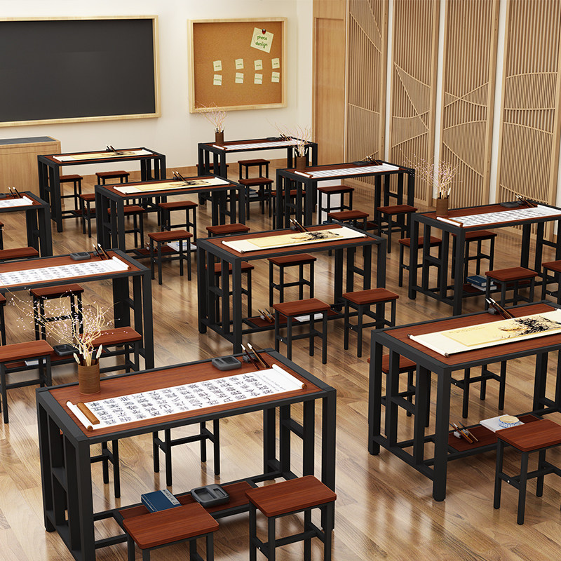 Tutoring Class Desks And Chairs Suit Training Study Desk Middle School Students Steel Wood Table Iron Art Chessboard Table Painting Table Calligraphy Table