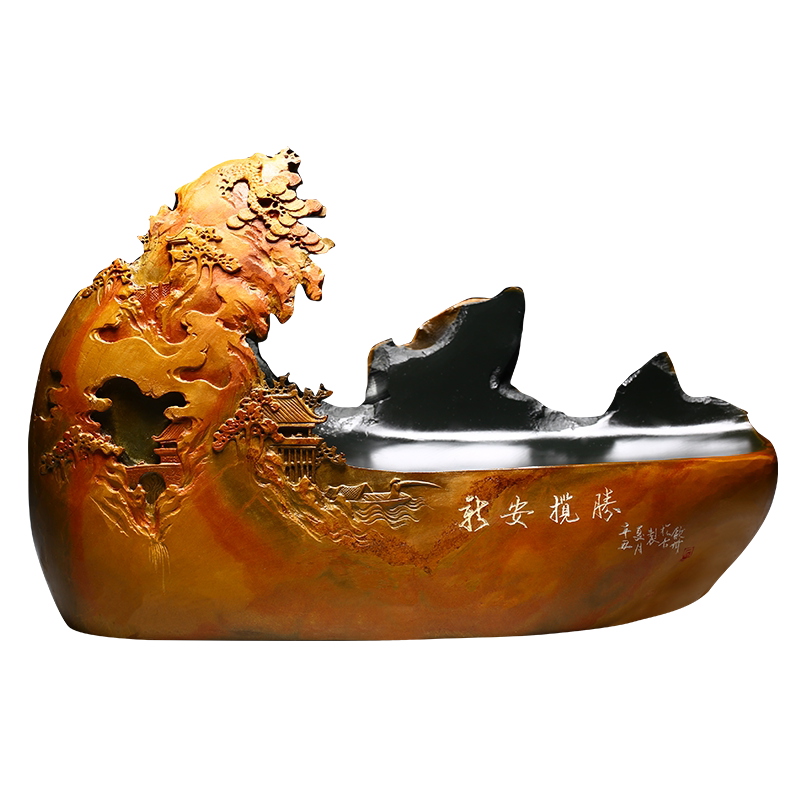 XU836△中国 / 硯 / 彫刻 / 石印材 / 高級硯 / 桃型硯 / 銘石 / 玉龍