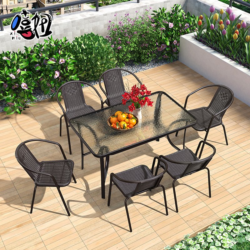 Outdoor leisure table and chair combination outdoor courtyard garden terrace dining table modern simple wrought iron umbrella dining table and chair