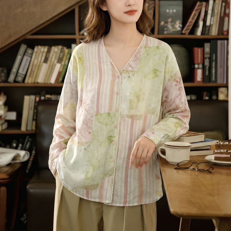 【Ma Nian】Clothing Length 67, Pure Ramie Summer V-Neck Lace Splicing Floral Sun Protection Shirt for Women M1166