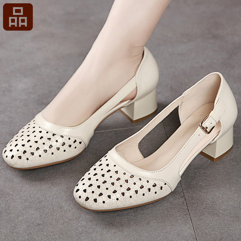 Baotou Sandals for Women, Ethnic Style, 2026 Summer New Model, Round Toe, Medium Thick Heel, Retro Versatile Genuine Leather Hollow-Out Mom Shoes