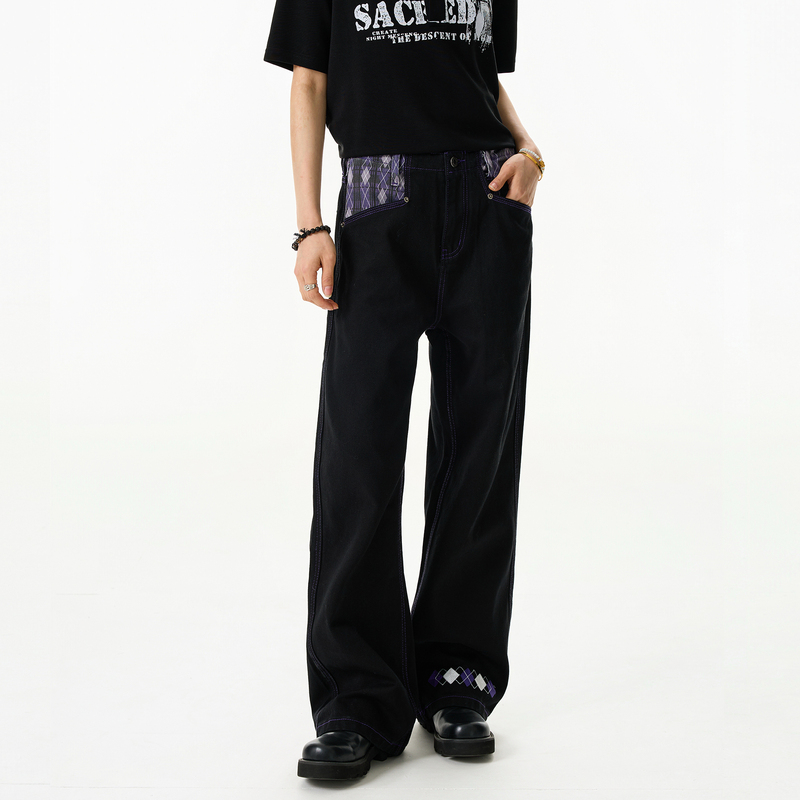 Bflc'Purple Diamond Pattern' American-Style Design Patchwork Raw Denim Jeans Unisex Straight-Leg Versatile Long Pants Bflc'Purple Diamond Pattern' American-Style Design Patchwork Raw Denim Jeans Unisex Straight-Leg Versatile Long Pants
