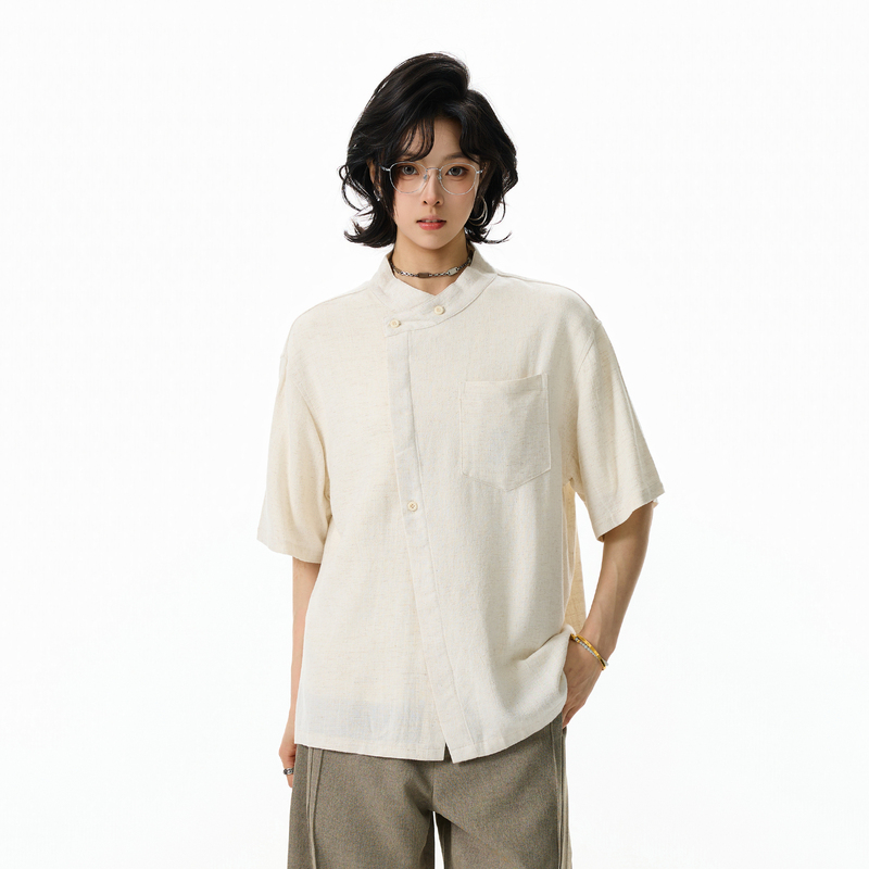 Bflc'Linen Tencel' Diagonal Placket Design Short-Sleeve Shirt for Men, Versatile Commuter Stand-Up Collar Shirt, Casual Half-Sleeve